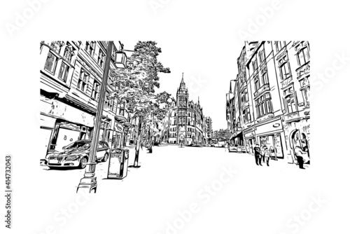 Building view with landmark of Nottingham is the
city in England. Hand drawn sketch illustration in vector.