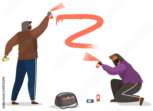 Vandals damaging city building. Bandits in hood and balaclava painting graffiti isolated on white background. Street gangsters and vandalism. A men bandit sprays paint from a balloon, spoils property
