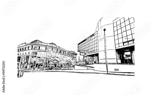 Building view with landmark of Nottingham is the
city in England. Hand drawn sketch illustration in vector.