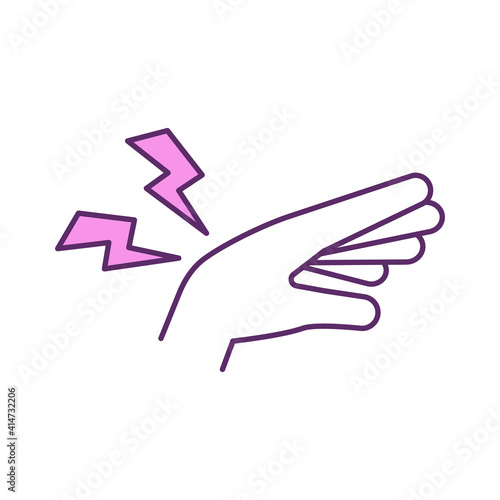 Chronic wrist pain RGB color icon. Swelling reduction. Dull, aching pain. Sprains, fractures from injuries. Chronic cramping. Arthritis and carpal tunnel syndrome. Isolated vector illustration