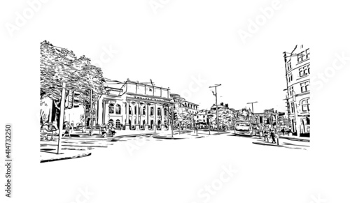 Building view with landmark of Nottingham is the
city in England. Hand drawn sketch illustration in vector.