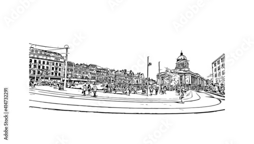 Building view with landmark of Nottingham is the
city in England. Hand drawn sketch illustration in vector.