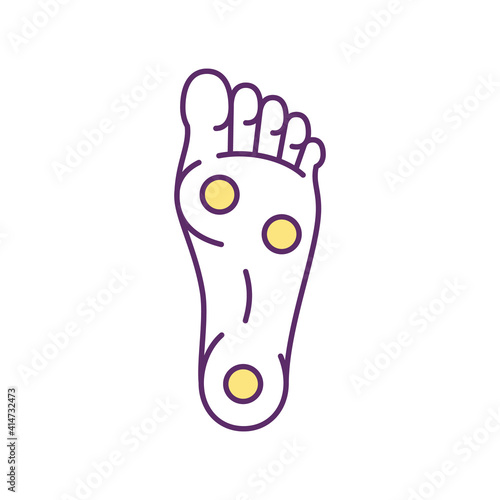 Pressure points on feet RGB color icon. Foot reflexology. Boosting blood circulation. Keeping muscles and tissues healthy. Acupressure points. Regulating digestive issues. Isolated vector illustration