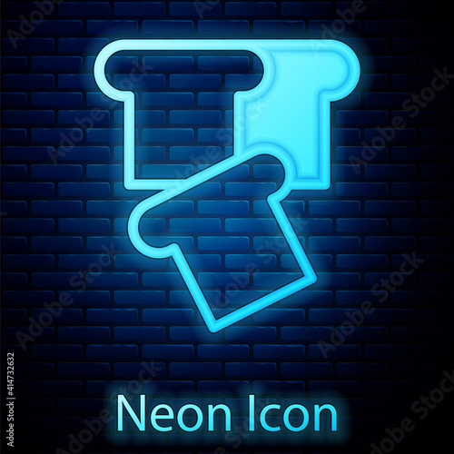 Glowing neon Bread toast for sandwich piece of roasted crouton icon isolated on brick wall background. Lunch, dinner, breakfast snack. Vector.
