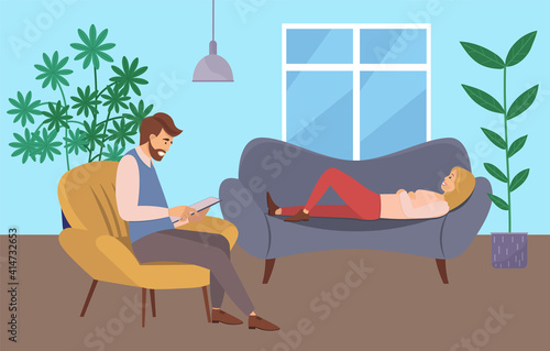 At the reception of a psychotherapist. A woman is lying on a couch in a psychologist s office male psychiatrist sits opposite and takes notes, helps to solve personal problems and overcome fears