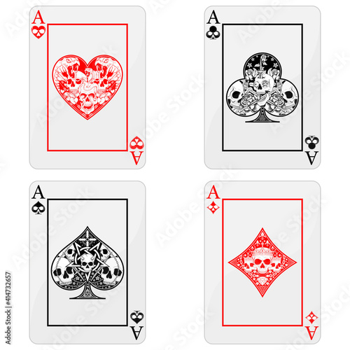 Vector design of poker cards with skulls, the symbols of heart, diamond, clover and ace with different styles, all on white background.
