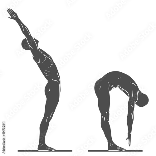 Silhouette of human body in exercise pose, person doing physical exercise, person in good physical condition, black and white