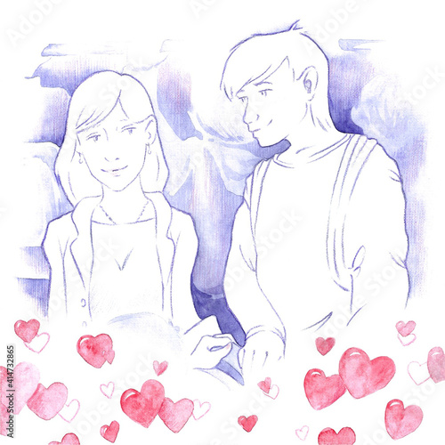 Valentine's Day. Girl and guy. Acquaintance. Watercolors and colored pencils.