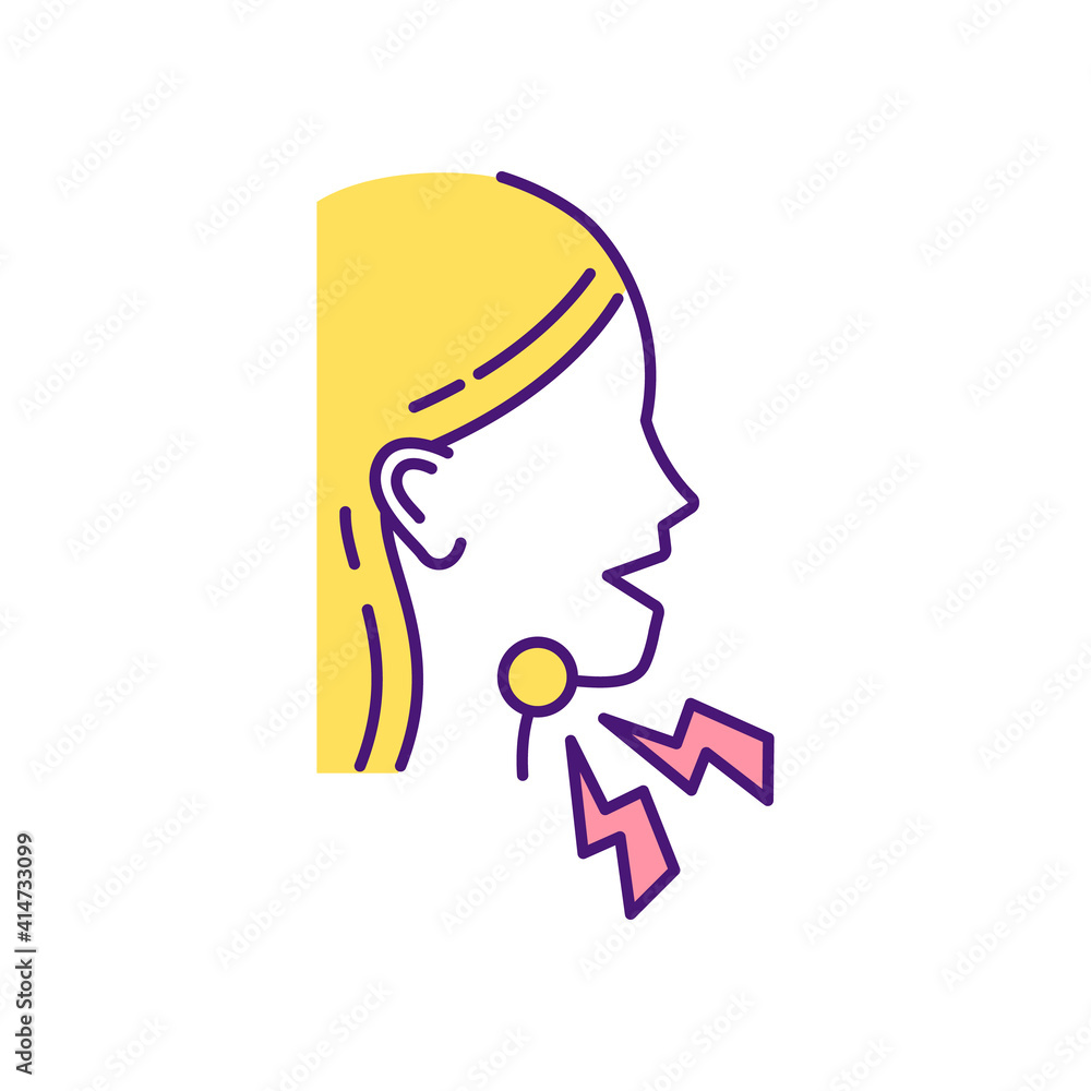 Sore throat RGB color icon. Trouble swallowing. Scratchiness, irritation. Bacterial infection. Cold and flu. Tonsillitis and mononucleosis. Itchiness, tickling in throat. Isolated vector illustration