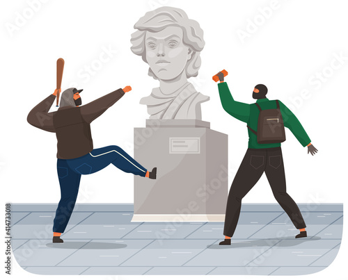Vandals damaging the monument in public park. Bandits in masks and hoods destroy city property. Street gangsters and vandalism concept. Cartoon flat vector illustration with a man breaks the statue