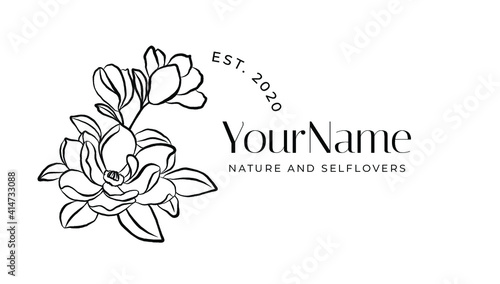 Hand drawn flowers.Perfect for personal branding, visit card, wedding invitations or packaging design. Bohemian vintage style with a modern font. Editable text.