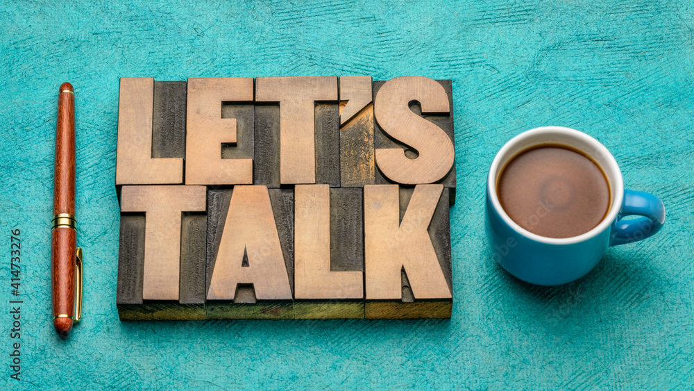 © MarekPhotoDesign.com - Let us talk invitation - text in vintage letterpress wood type block with a cup of coffee, discussion and communication concept © MarekPhotoDesign.com - Let us talk invitation - text in vintage letterpress wood type block with a cup of coffee, discussion and communication concept