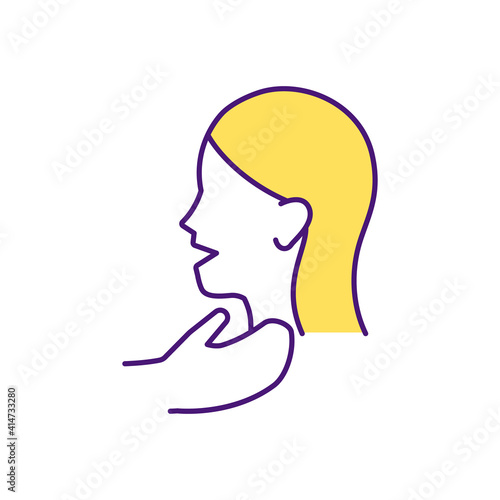Self care for sore throat RGB color icon. Keeping voice healthy. Soothing pain, irritation. Vocal hygiene. Viral throat infection treatment. Maintaining good vocal health. Isolated vector illustration