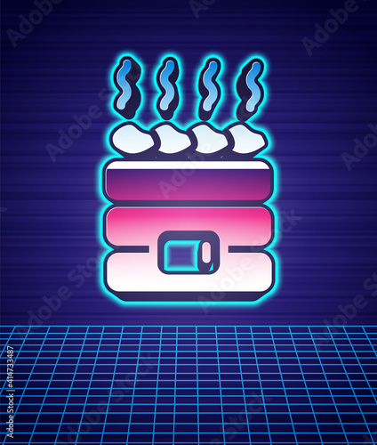 Retro style Hot sauna stones icon isolated futuristic landscape background. Spa resort recreation, bathhouse relaxation. Hot stones on electric heater. 80s fashion party. Vector.