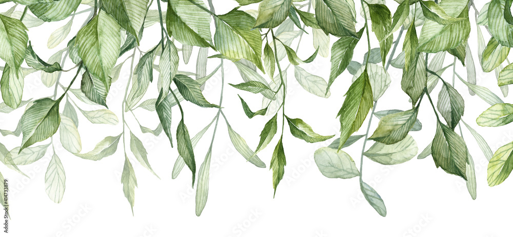 Fototapeta Long banner with watercolor hanging leaves