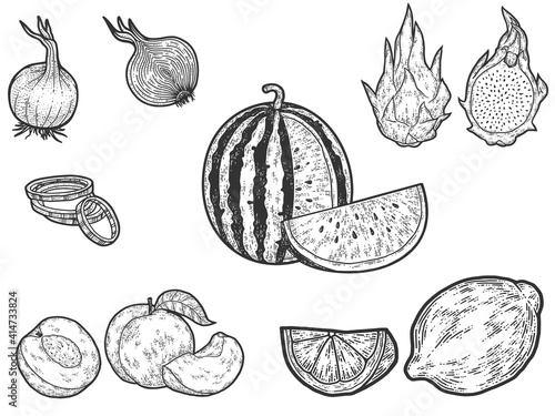 Set of vegetables and fruits. Whole and sliced. Sketch scratch board imitation.