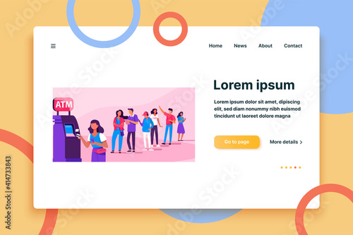Queue of people standing for using ATM. Bank customer inserting credit card to slot for transaction. Vector illustration for business, banking, finance concept