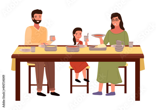 People are eating indian food at home. Family in national costumes isolated on white background. Dining room in indian style vector illustration. Dining table with pita and tomato soup in plates