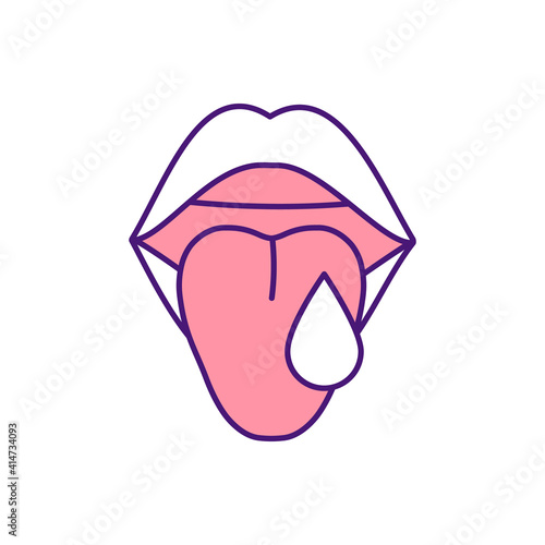 Excessive saliva flow RGB color icon. Excessive drooling, hypersalivation. Tonsil infection. Increasing saliva production. Poor mouth and tongue control. Strep throat. Isolated vector illustration