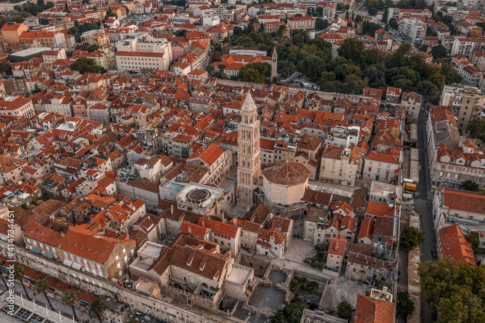 Aerial drone shot of Saint Domnius in Diocletian Palace in Split old town before sunrise in Croatia