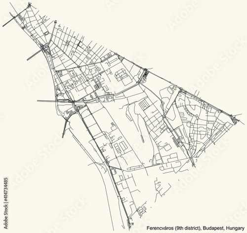 Black simple detailed street roads map on vintage beige background of the neighbourhood Ferencváros 9th district (IX kerület) of Budapest, Hungary
