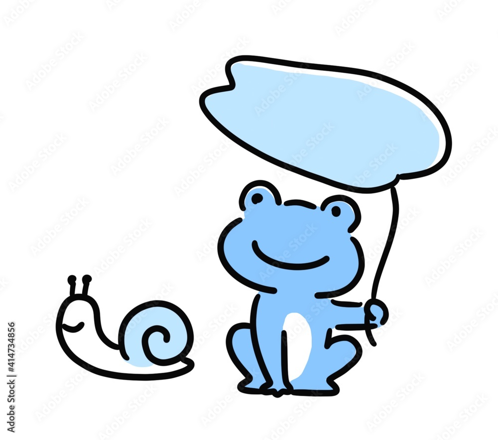 葉っぱの傘を持ったカエルとカタツムリのモノトーンのシンプルなイラスト 葉っぱの傘を持ったカエルとカタツムリのモノトーンのシンプルなイラスト