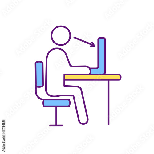 Workplace ergonomics RGB color icon. Eliminating discomfort and injuries risk. Human performance and productivity improvement. Worker capabilities and limitations. Isolated vector illustration