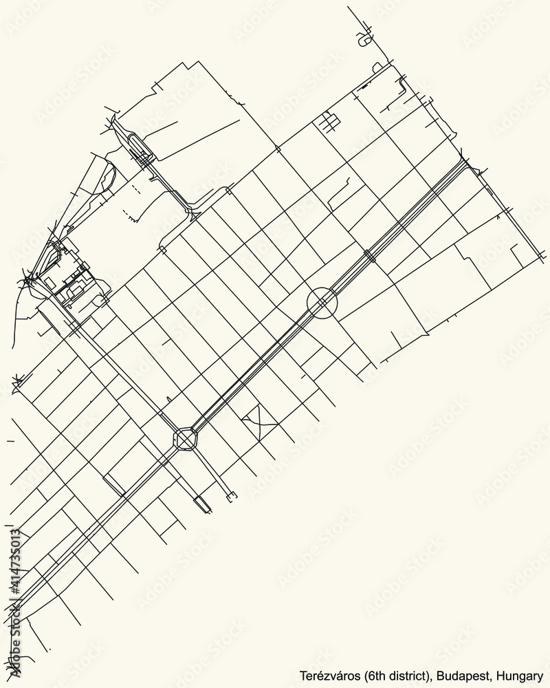 Fototapeta premium Black simple detailed street roads map on vintage beige background of the neighbourhood Terézváros 6th district (VI kerület) of Budapest, Hungary