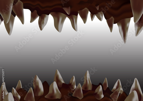 3d monster open mouth with crooked sharp teeth ready to bite, view from inside the cavity, vector illustration
