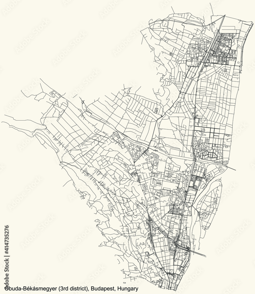Fototapeta premium Black simple detailed street roads map on vintage beige background of the neighbourhood Óbuda-Békásmegyer 3rd district (III kerület) of Budapest, Hungary