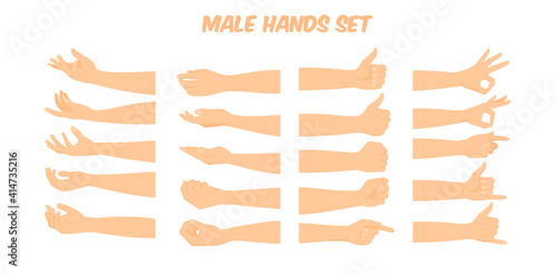 cartoon white male hand forming various shapes and symbols viewed form different angles, vector illustration