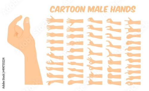 cartoon white male hand forming various shapes and symbols viewed form different angles, vector illustration