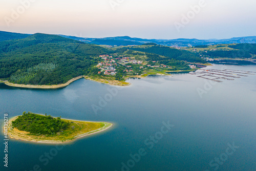 Aerial view of Glavatartsi village at Kardzhali dam in Bulgaria photo