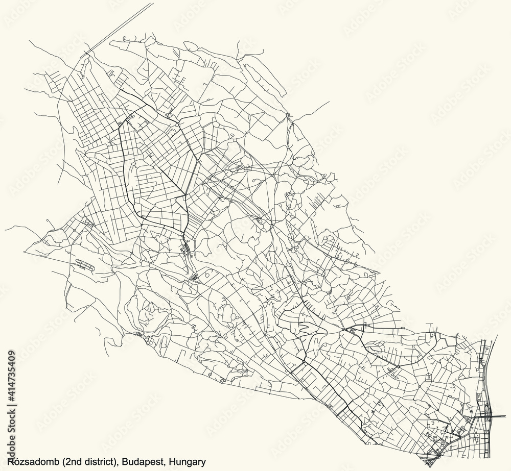 Black simple detailed street roads map on vintage beige background of the neighbourhood Rózsadomb 2nd district (II kerület) of Budapest, Hungary