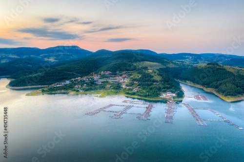 Aerial view of Glavatartsi village at Kardzhali dam in Bulgaria photo