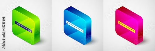 Isometric Long luminescence fluorescent energy saving lamp icon isolated on grey background. Square button. Vector.