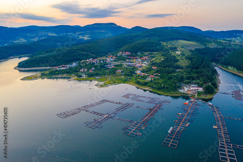 Aerial view of Glavatartsi village at Kardzhali dam in Bulgaria photo