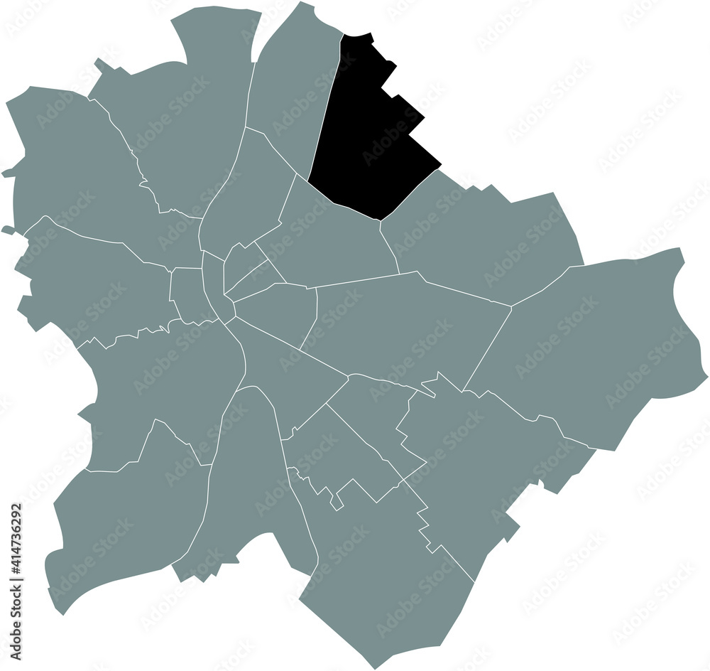 Naklejka premium Black location map of the Budapestian Rákospalota, Pestújhely, Újpalota 15th district (XV kerület) inside gray map of Budapest, Hungary