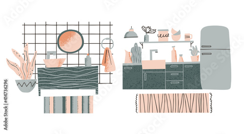 Furniture showroom concept. Kitchen and bathroom interior design. Furniture elements set. Home accessories and decor. Vector illustration in a flat style. Perfect for banners, posters and flyers