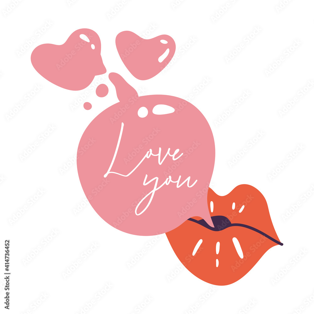 Vector illustration female mouth with bubble gum. Red lipstic. Kiss shape.