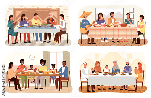 Set of theme of people having family dinner in traditional styles of countries of world. Cartoon characters in national costumes taste dishes vector illustration. Family gathering around dining table