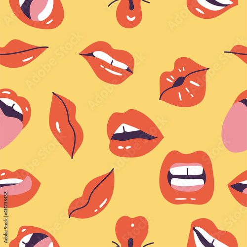 Vector illustration female mouths. Red lipstick. Seamless pattern with various of mimic, emotions, facial expressions.