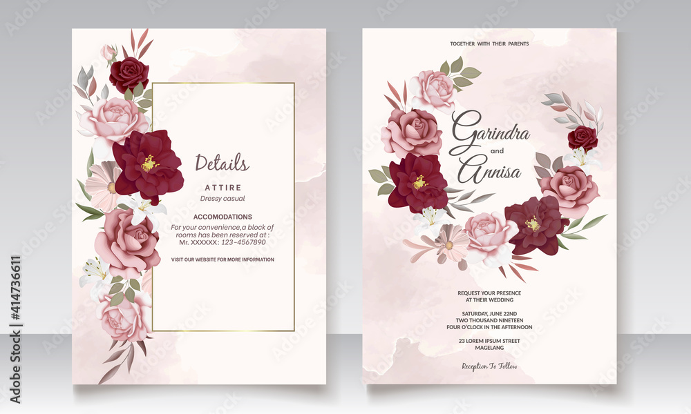 Burgundy and Soft Pink Wedding Invitation Set Template Premium Vector
