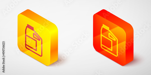 Isometric line Canister for motor machine oil icon isolated on grey background. Oil gallon. Oil change service and repair. Engine oil sign. Yellow and orange square button. Vector.