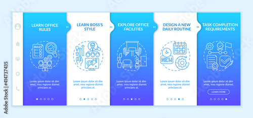 Setting contact in company onboarding vector template. Responsive mobile website with icons. Learning responsibilities of worker. Webpage walkthrough step screens. RGB color concept
