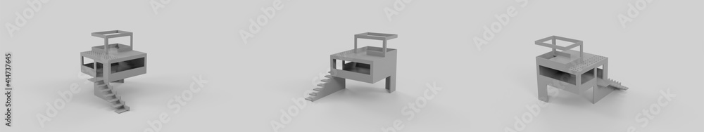 3D-gerendertes kubisches Haus von 3 Perspektiven 3D-gerendertes kubisches Haus von 3 Perspektiven