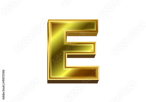 3d golden letter E. Luxury gold alphabet on white background