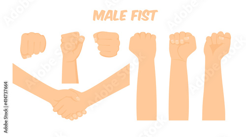 cartoon white male hand forming a fist viewed form different angles, making a handshake, vector illustration
