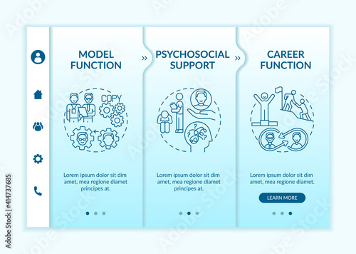 Development of support program onboarding vector template. Psychosocial needs and career anxieties. Responsive mobile website with icons. Webpage walkthrough step screens. RGB color concept