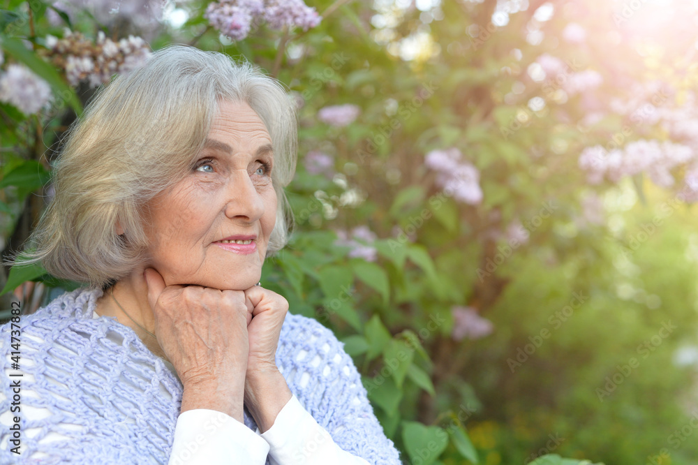 senior beautiful happy woman posing by lilacs in park senior beautiful happy woman posing by lilacs in park
